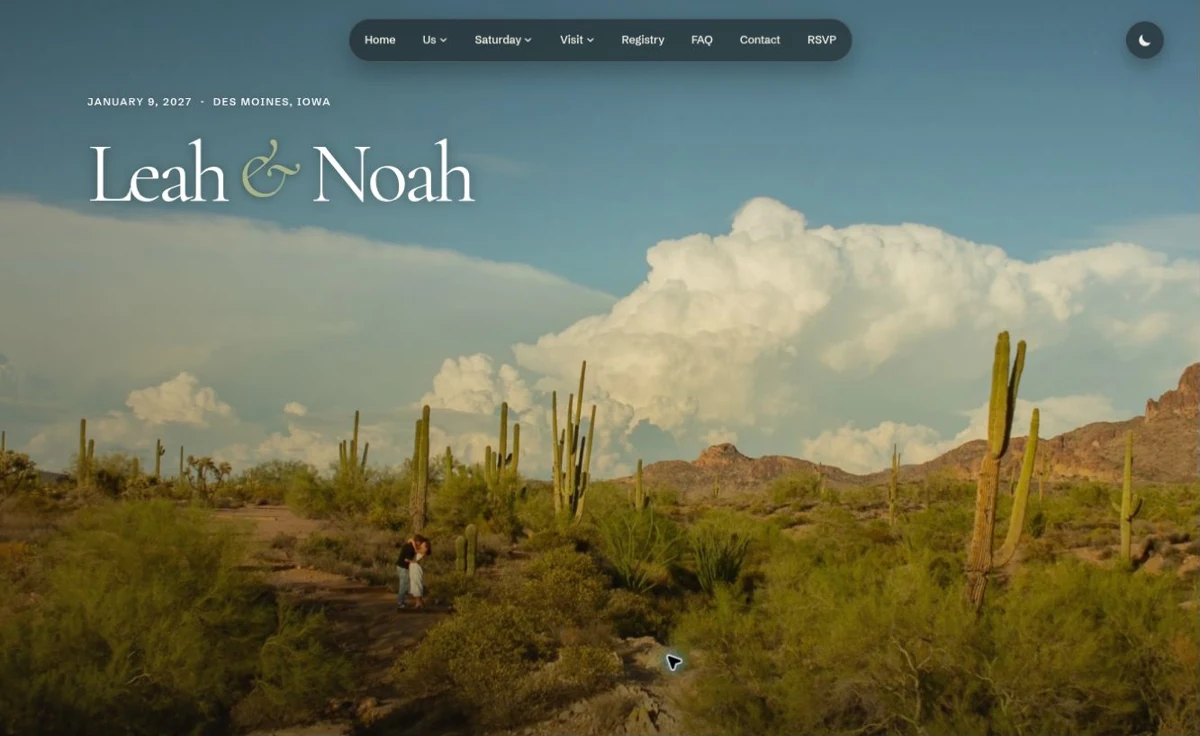 The wedding website's current homepage, with floating navigation above a desert photograph