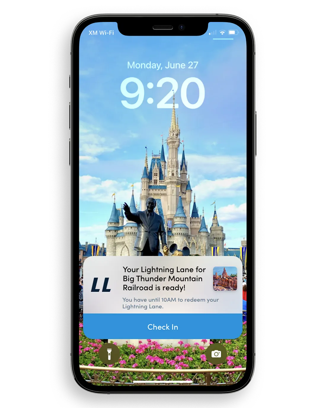Live Activity concept for Lightning Lanes on the lock screen, showing an available pass and a check-in prompt.