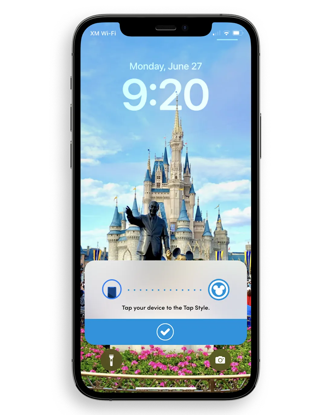 Live Activity concept for a Lightning Lane pass on the lock screen, ready to redeem.