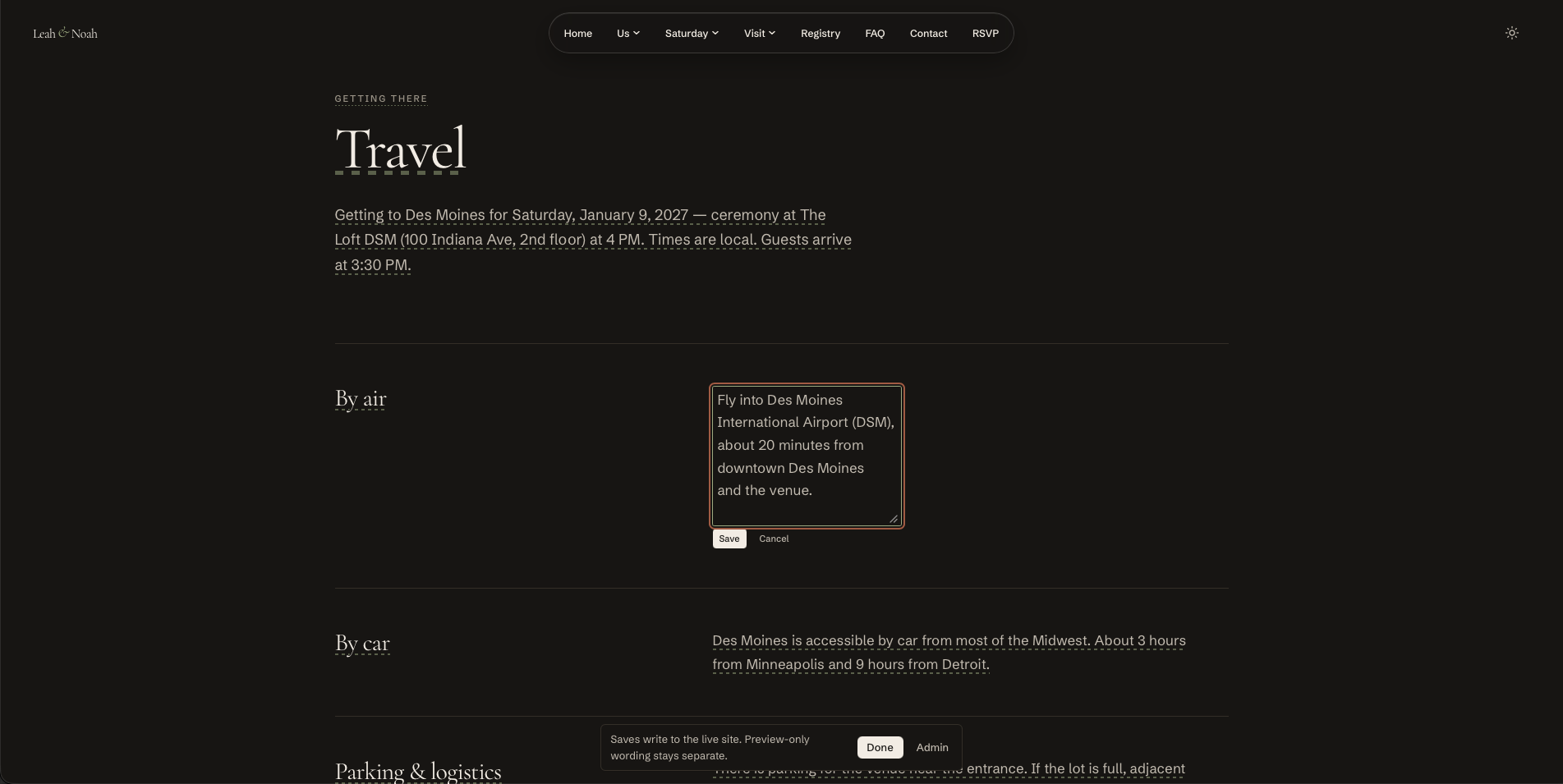 The travel page in editing mode with the By air paragraph open in an inline text editor