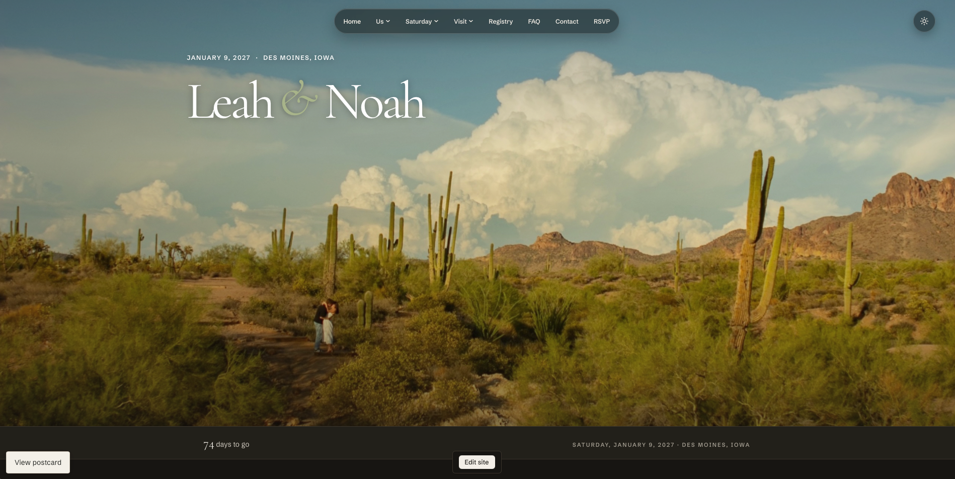 The wedding homepage with a desert engagement photograph and floating navigation