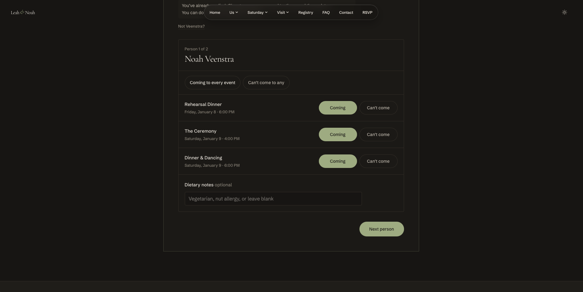 Household RSVP with attendance choices for each event, optional dietary notes, and a next person button