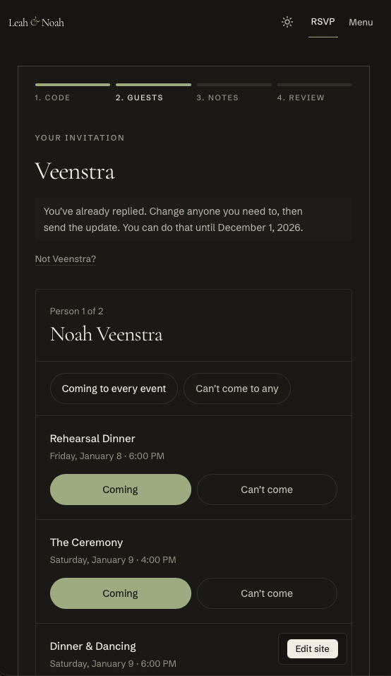 The household RSVP with vertically stacked event attendance controls on mobile
