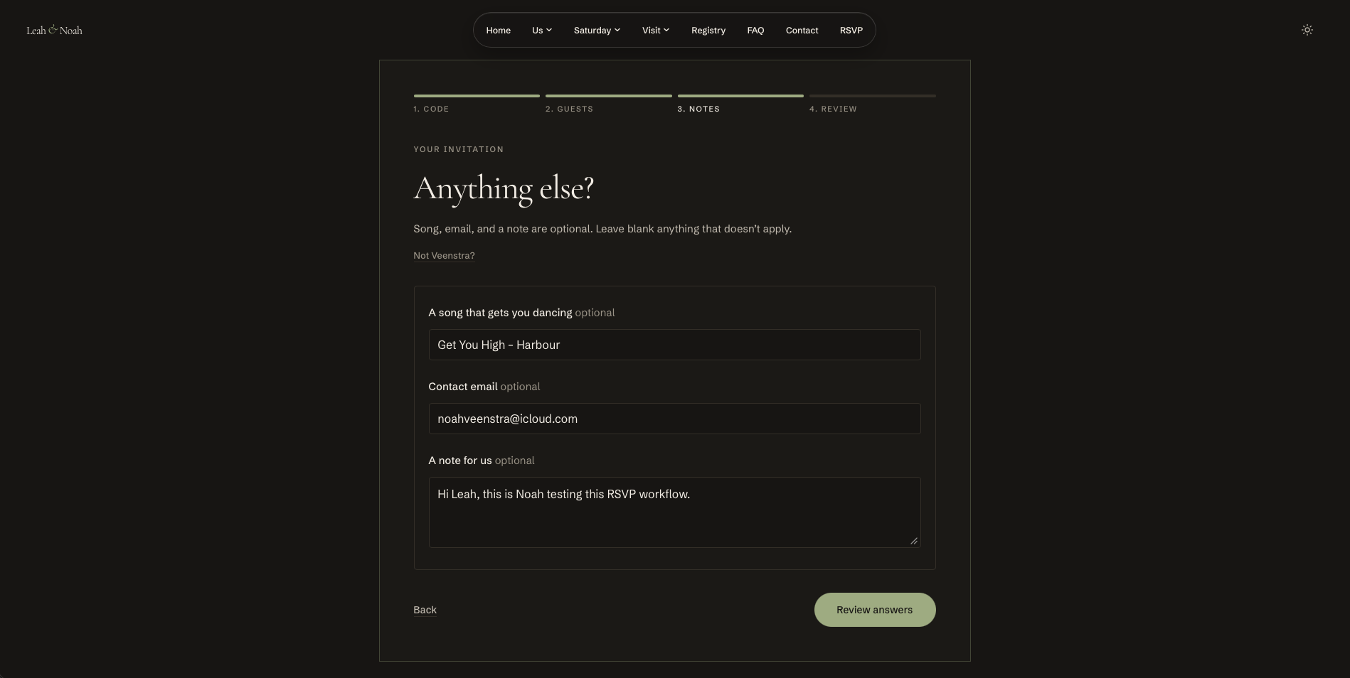 The optional RSVP notes step with a song request, contact email, and note for the couple