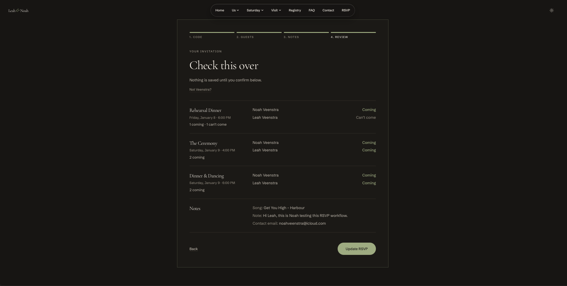 RSVP review showing both household members and their attendance at each event before updating the response